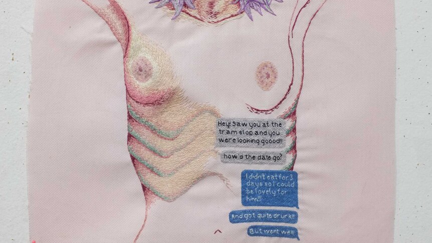 An embroidered artwork shows a woman's gaunt naked torso and a text message conversation about a Tinder date.