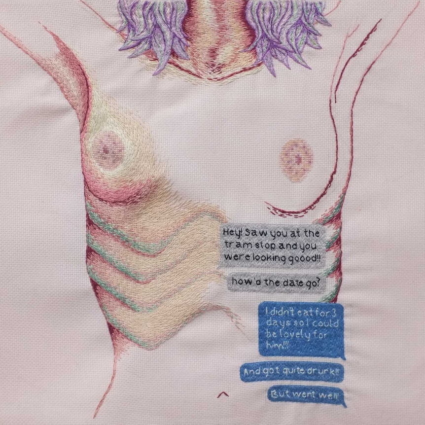 An embroidered artwork shows a woman's gaunt naked torso and a text message conversation about a Tinder date.