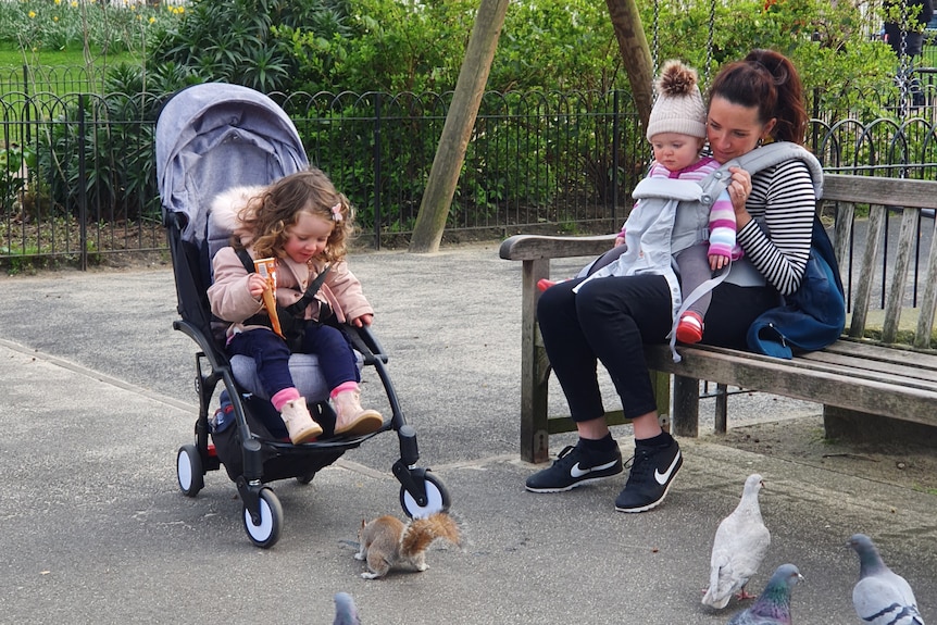A little girl in a pram looks down at a squirrel as her mother and baby sister look on.
