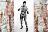 Black and white photo of a boxer in satin shorts, with fists raised between two patchwork panels of ochre and white fabric.