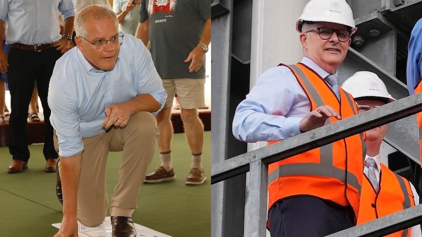 A composite image of Scott Morrison bending down during lawn bowls and Anthony Albanese in a hard hat and high-vis.