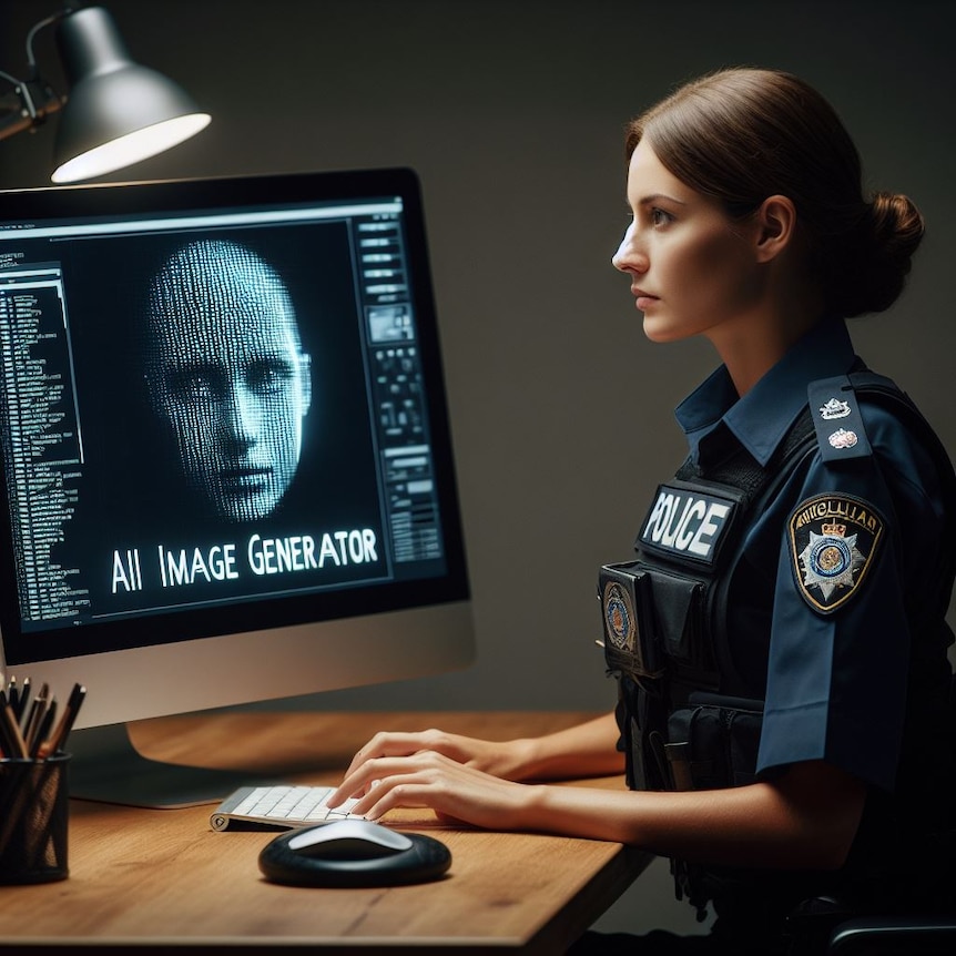 An AI-generated image of a police officer at a computer.