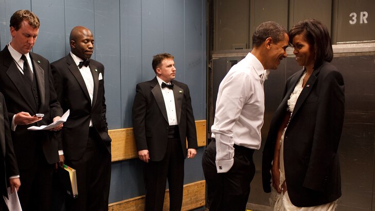 Barack and Michelle Obama on a freight elevator headed to an Inaugural Ball