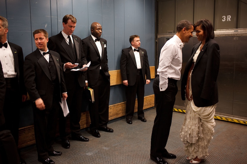 Barack and Michelle Obama on a freight elevator headed to an Inaugural Ball