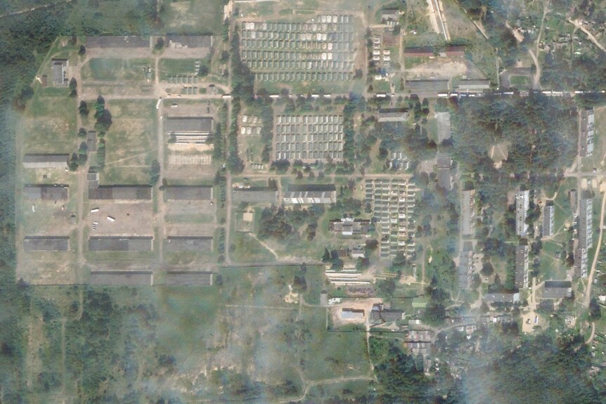 Satellite photo showing vehicles arriving at Belarusian military base
