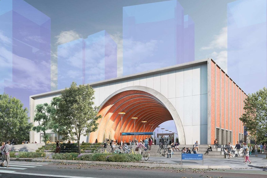 A concept image of the entrance to the new North Melbourne Station, showing tree-lined stairs leading to a brick archway.