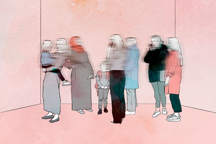 An illustration of a group of women and children standing together in a bare room. Their faces are blurred. 