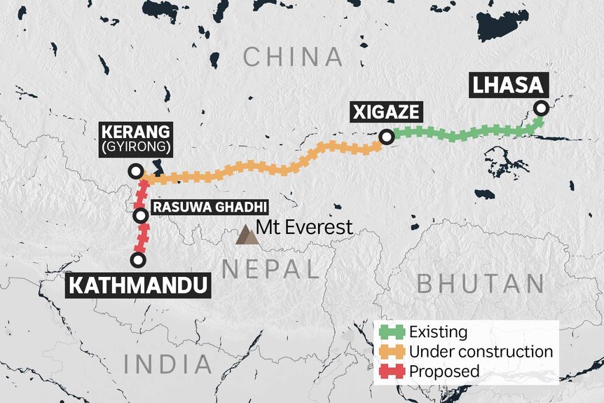 Map shows railways through China and into Nepal.