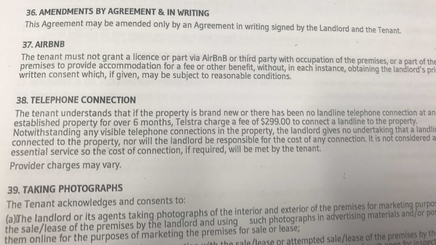 A lease obtained by the ABC which includes a clause banning the tenant from putting the property on Airbnb without permission