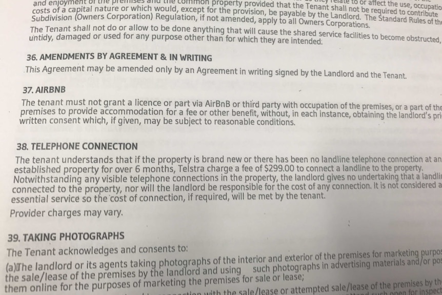 A lease obtained by the ABC which includes a clause banning the tenant from putting the property on Airbnb without permission