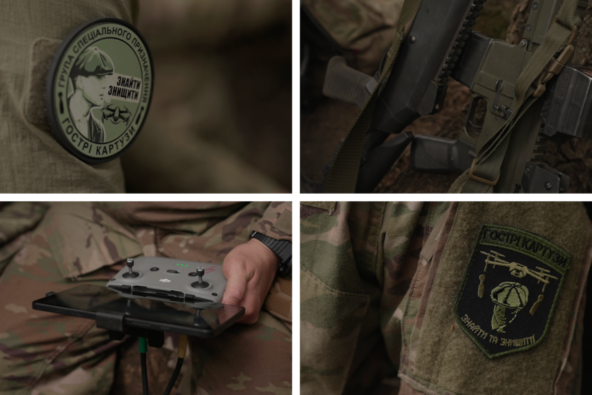 A grid of photos showing patches and guns on the soldier's clothes