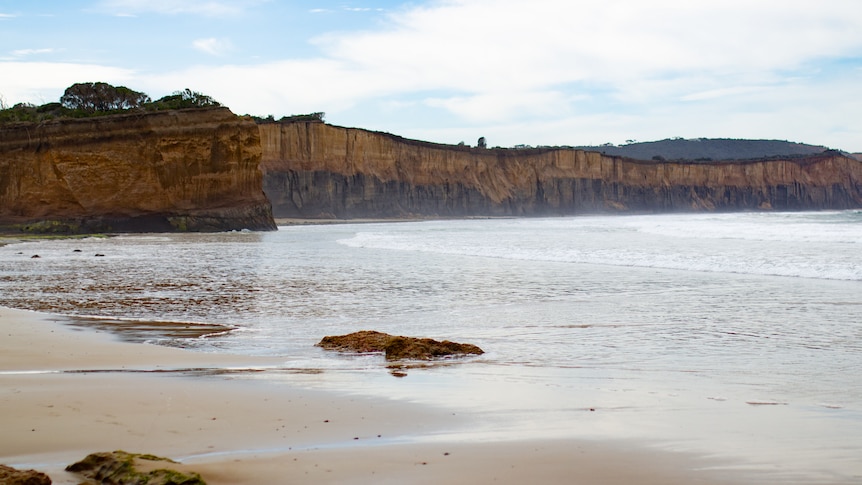 A lanscape shot of cliffs over a beach at low tide.