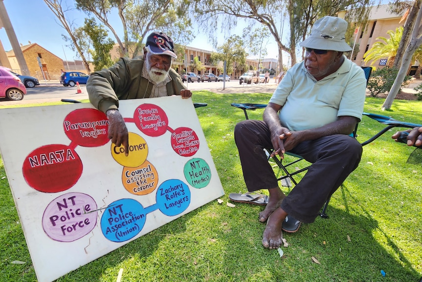 Two men looking at and pointing at a sign on the lawn outside the Alice Springs Court, on a sunny day.