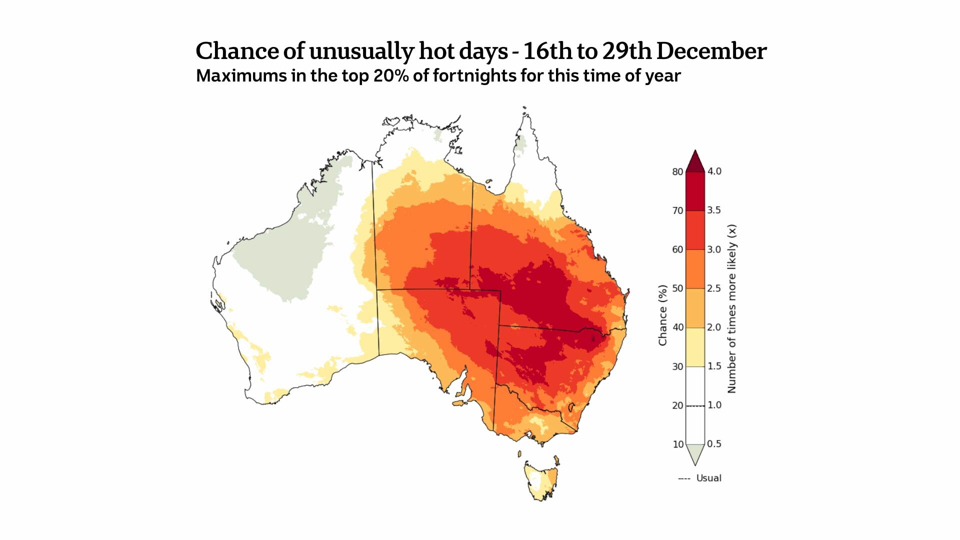 a weather map of australia showing the likelihood of a very hot christmas