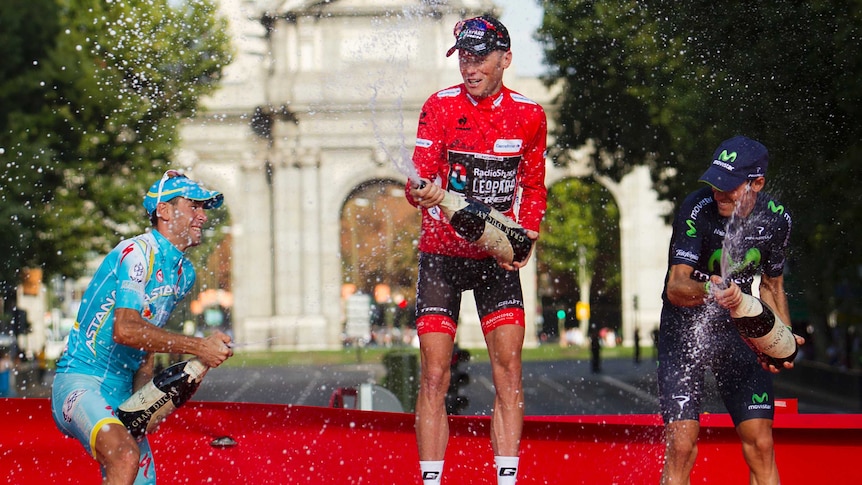 Vuelta winner Chris Horner (C) with Vincenzo Nibali (R) and Alejandro Valverde (L) on the podium.