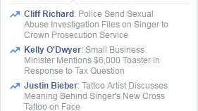 A screenshot of Facebook's trending news list.