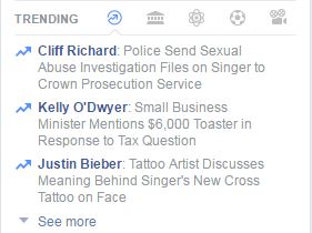A screenshot of Facebook's trending news list.