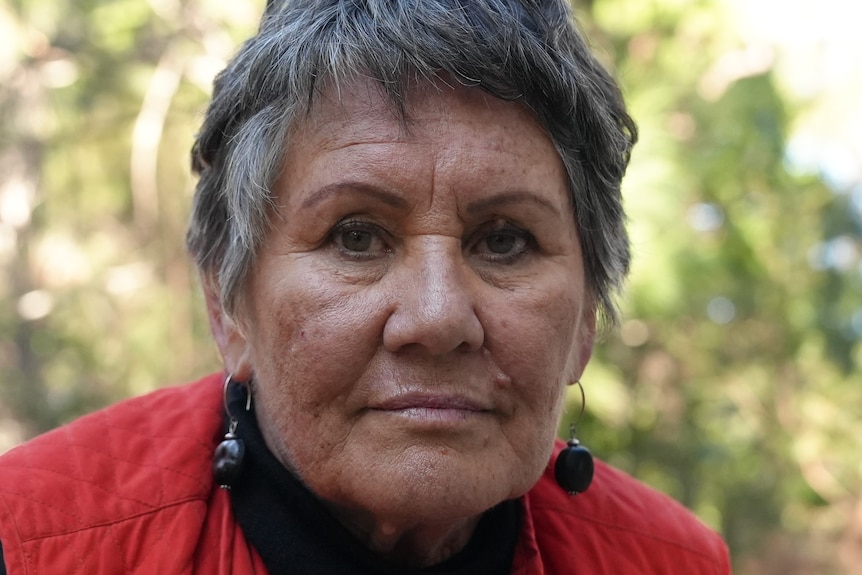 A 71-year-old woman stands in the bush and is staring straight into the camera.