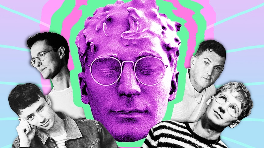 Composite artwork of British band Glass Animals, black and white and purple