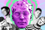 Composite artwork of British band Glass Animals, black and white and purple