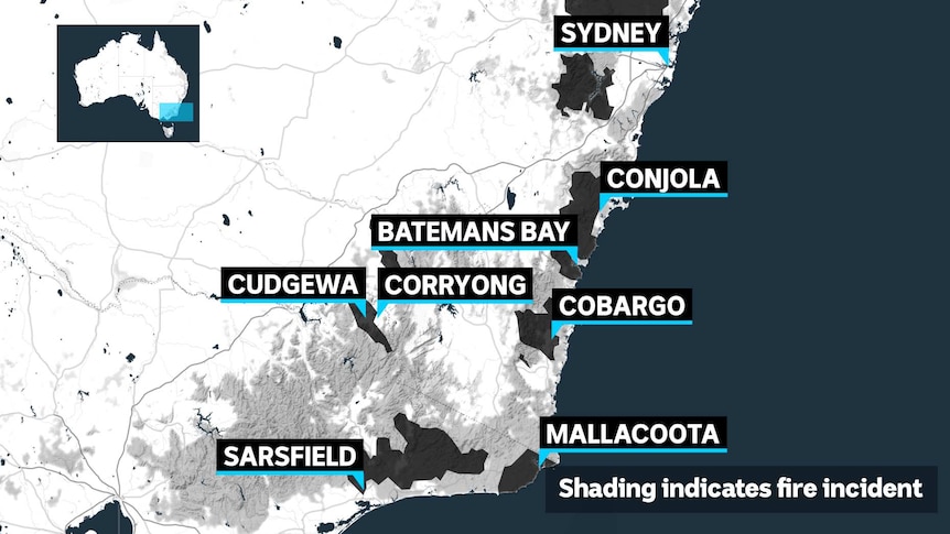 This map shows where fires were burning in southern NSW and near the Victorian border.