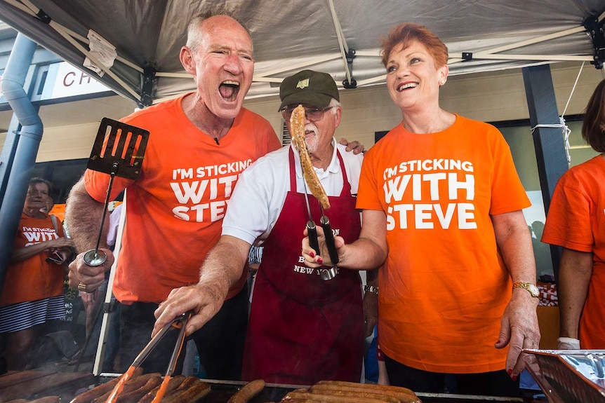 One Nation leader senator Pauline Hanson and Queensland leader Steve Dickson at a barbecue in Buderim.