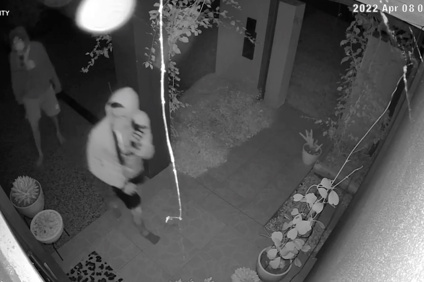 CCTV of two young men looking around a home