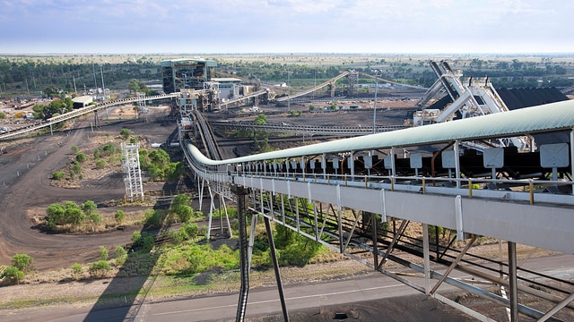 View of Kestrel coal mine in Queensland with coal stacker in foreground