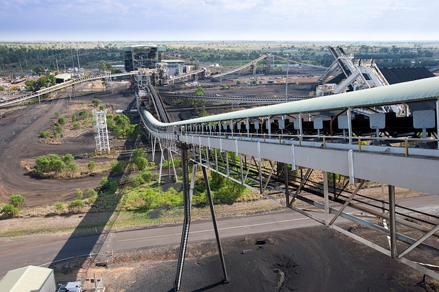 View of Kestrel coal mine in Queensland with coal stacker in foreground