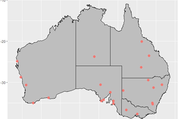 Map of Australia showing red dots where trapping trial sites are located.