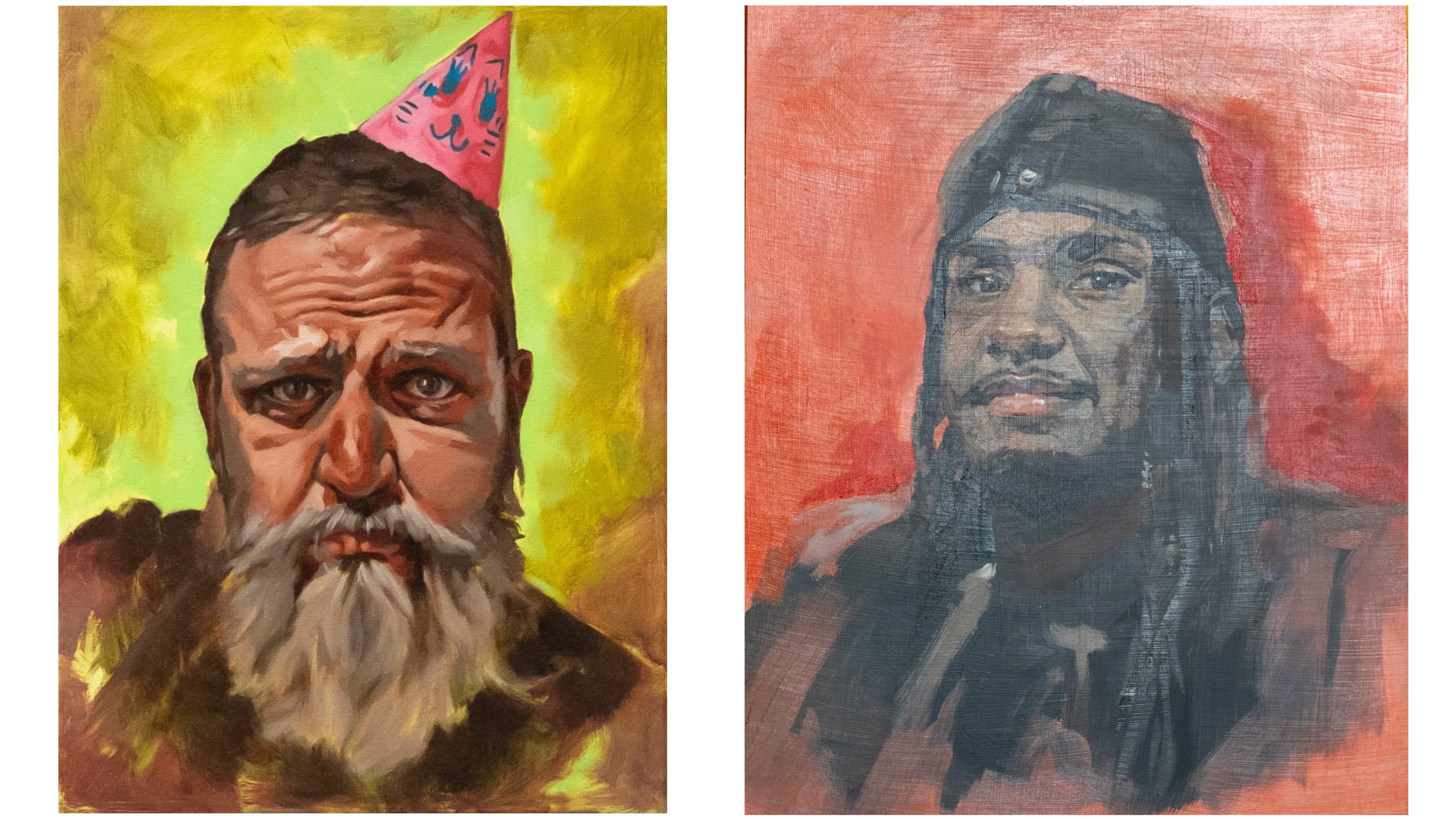 Oil painting of a bearded man with a little pink party hat on, next to an oil painting of Baker Boy looking calm and serious