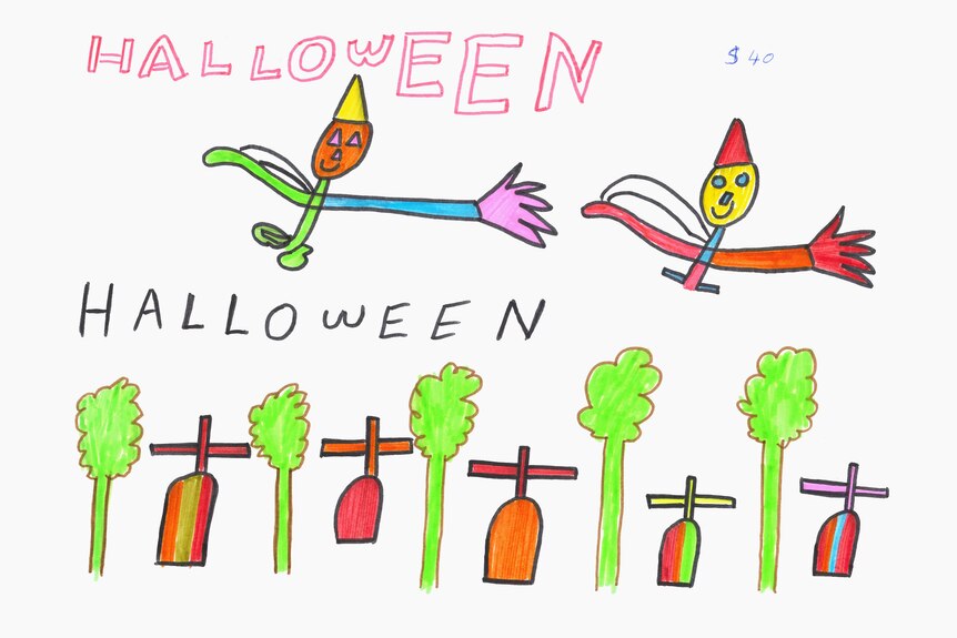 A felt-tip pen drawing of flying, smiling characters over trees and tombstones. The words Halloween appear twice.
