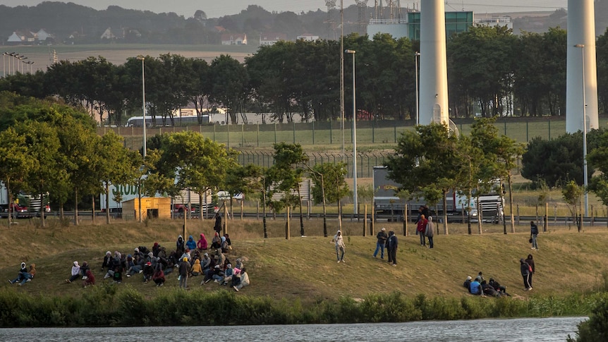 Migrants gather near the Eurotunnel terminal to try to climb in a shuttle heading to Great Britain