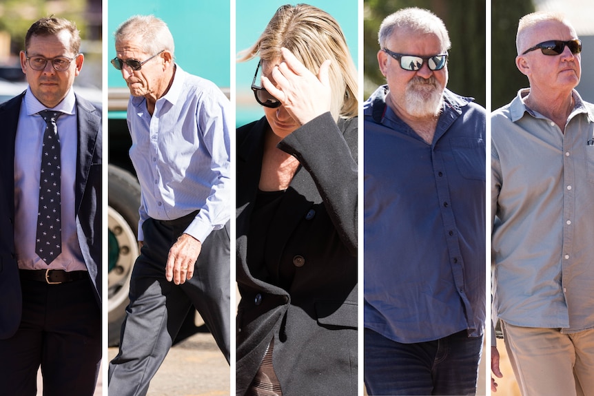 A split image showing four men and a woman, all middle aged or older and all apparently heading towards court.