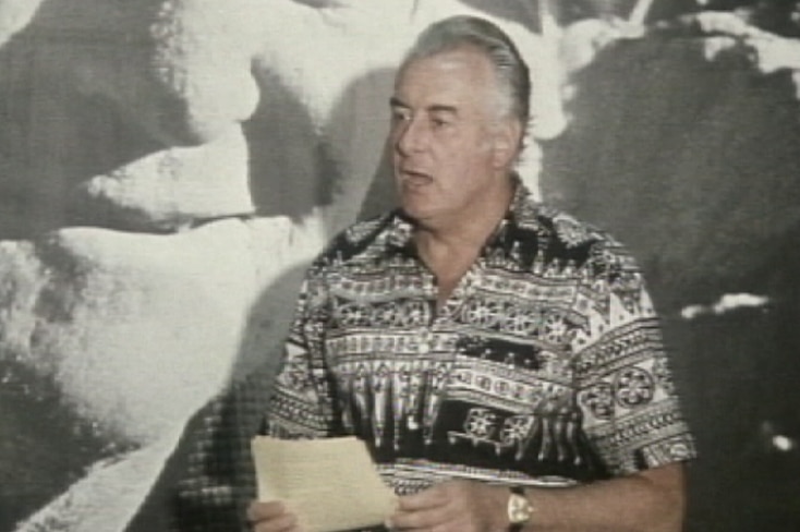 Gough Whitlam wears a Hawaiian shirt