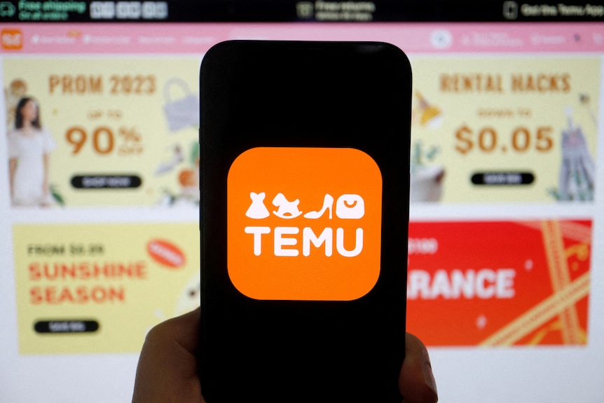 An orange logo with the word TEMU is seen on the screen of a phone held up by a hand in front of ads on a computer