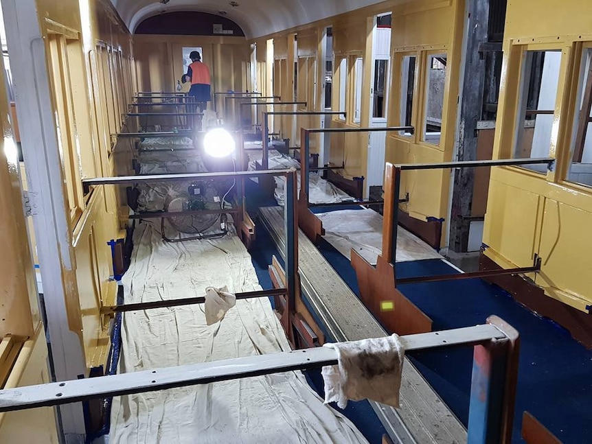 Inside an old steam train that's being refurbished