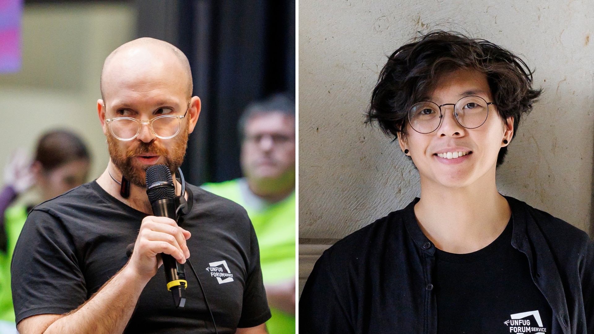 Una composición de dos disparos a la cabeza que muestran a dos personas.