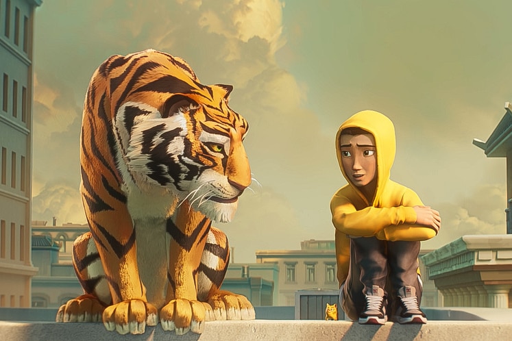 In an animated image, a teen with a yellow hoodie sits on a building rooftop ledge with a tiger looking into his eyes.