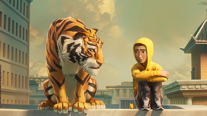 In an animated image, a teen with a yellow hoodie sits on a building rooftop ledge with a tiger looking into his eyes.