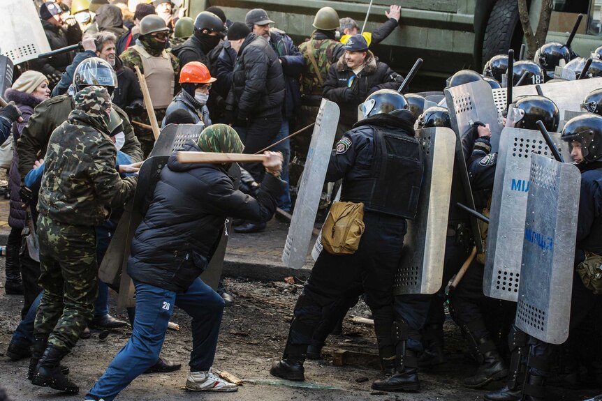 Protesters and police clash in Kiev, Ukraine.