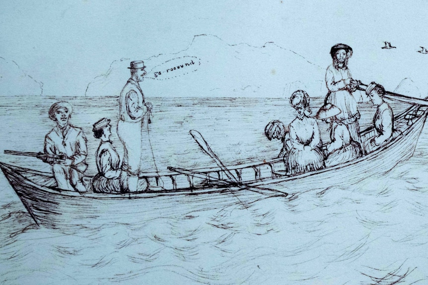 Eight people in colonial-era garb on a longboat at sea.