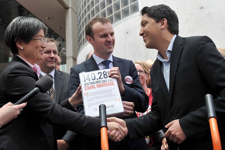 Penny Wong, Anthony Albanese and Andrew Barr accept petition on marriage equality from GetUp's Simon Sheikh on December 2, 2011.