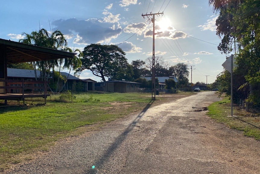 A rough looking gravel road lined with green grass and a couple of palm trees, with a sunset and a telegraph pole in the distance.