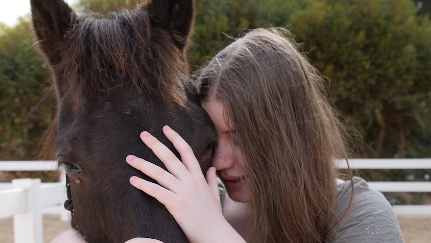 15 year old girl has her hands draped around the horses head and is snuggling into him