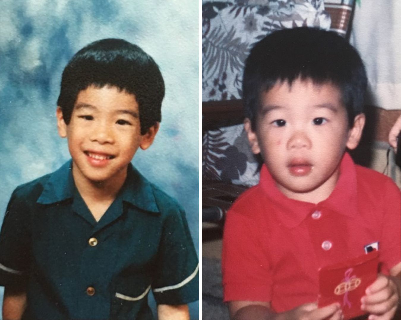 A collage of two pictures showing a child, one in a school uniform and one taken at home.