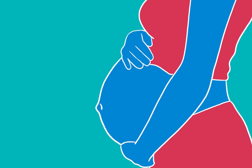 A blue, green, red and white graphic of a pregnant woman holding her belly.