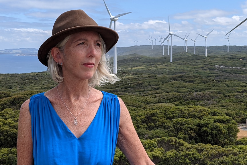 A woman with a wide brimmed hat wearing a bright blue top stands in front of a wind farm.