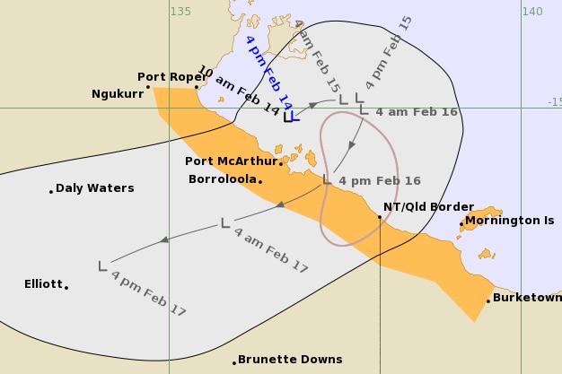 A Bureau of Meteorology track map showing the likely path of a tropical low near the NT/ Queensland border.