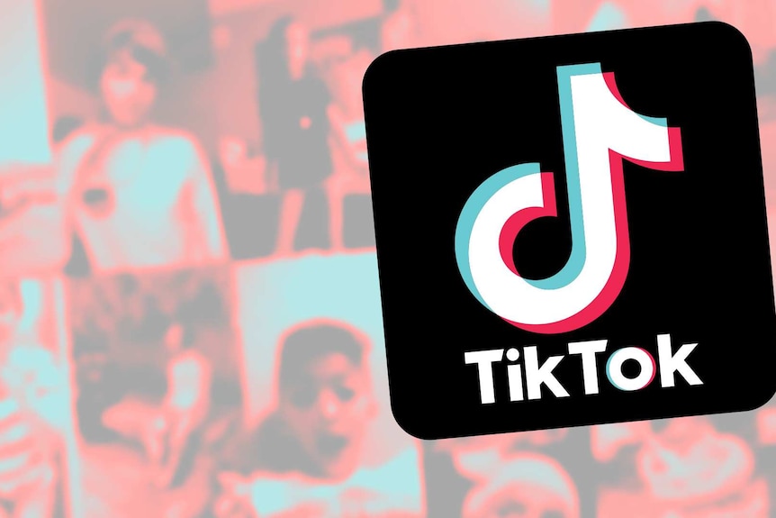 The TikTok logo on the top of blurred screenshots of TikTok users.